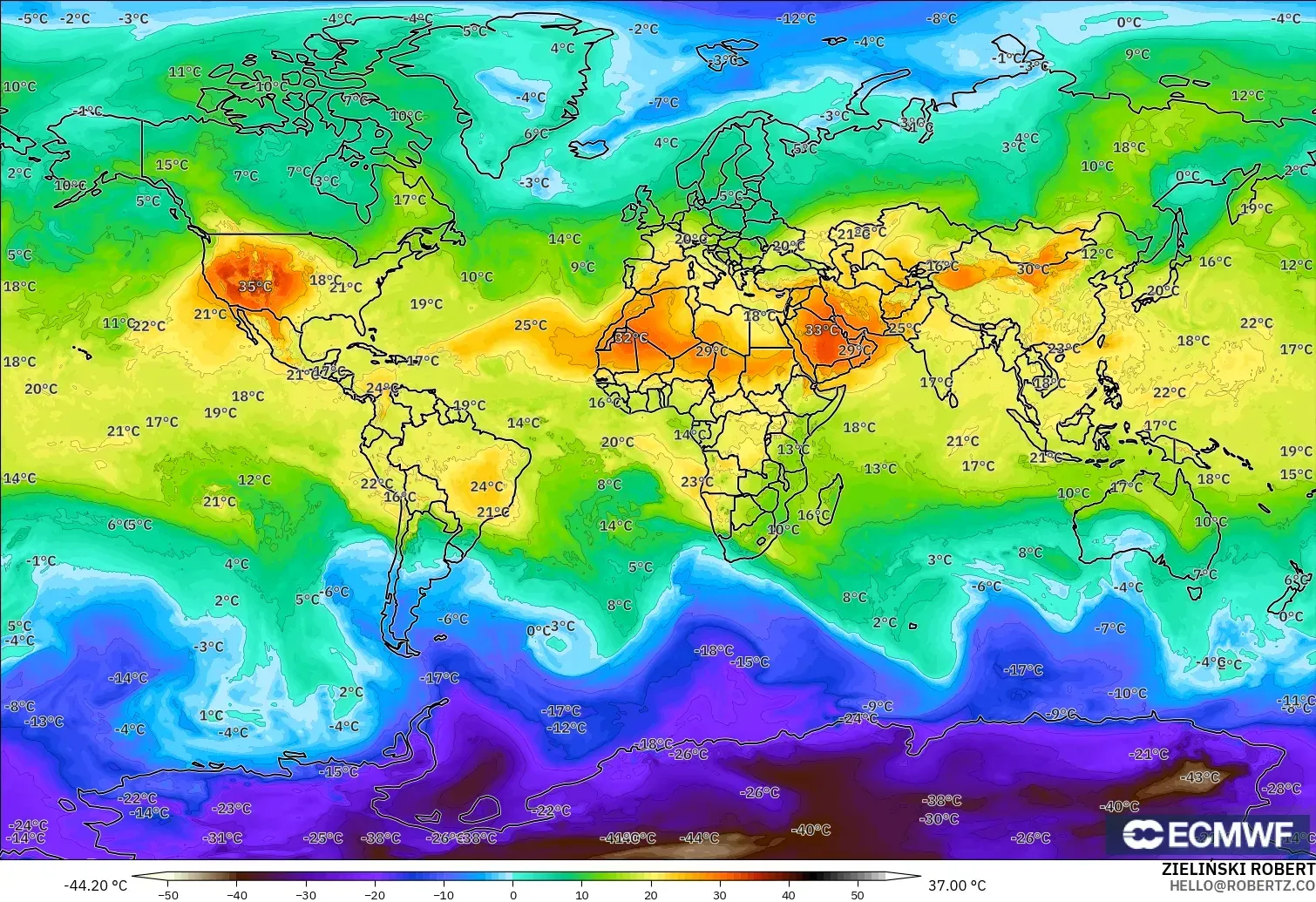 ECMWF IFS 0.25° загвар - Дэлхий, Температур 850 hPa