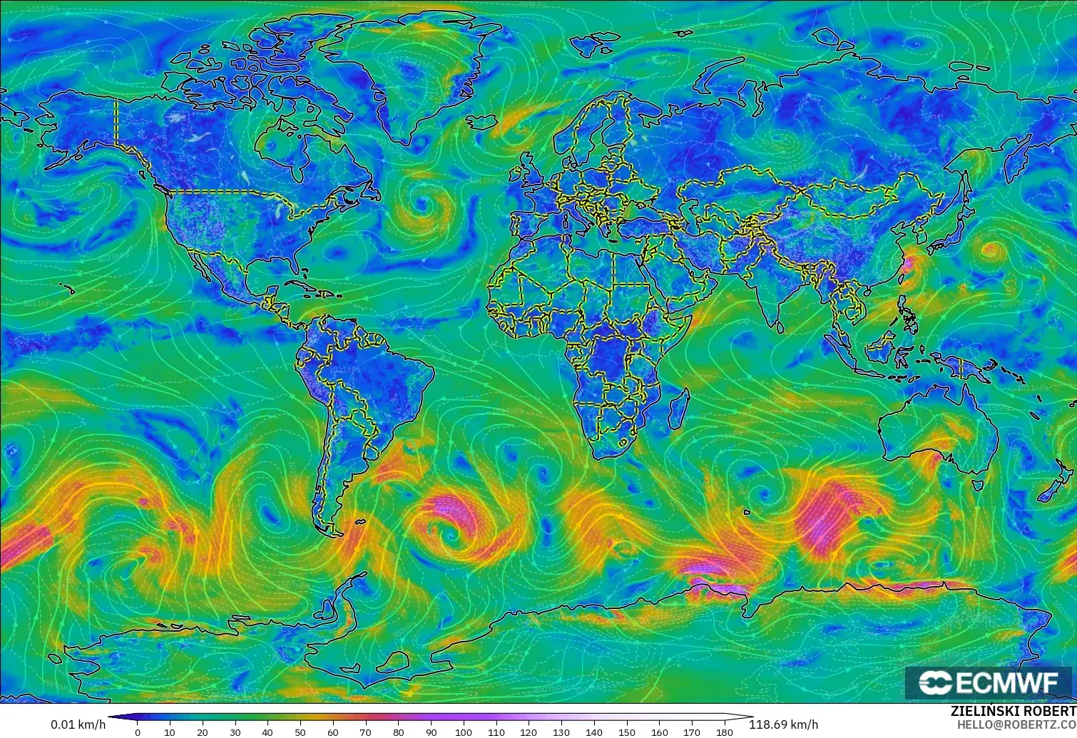 ECMWF IFS 0.25° загвар - Дэлхий, Салхи 10 м