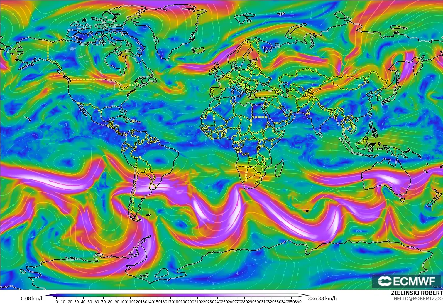 ECMWF IFS 0.25° загвар - Дэлхий, Салхи 300 hPa (түншил)