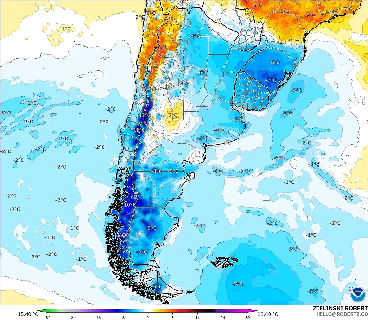 GFS загвар - Аргентин, 2 м Температурын Хазайлт