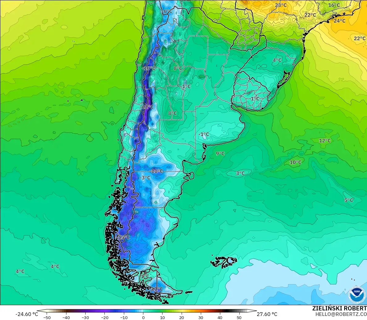 GFS загвар - Аргентин, Температур 2 м