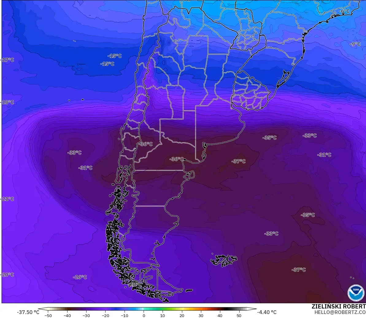 GFS загвар - Аргентин, Температур 500 hPa