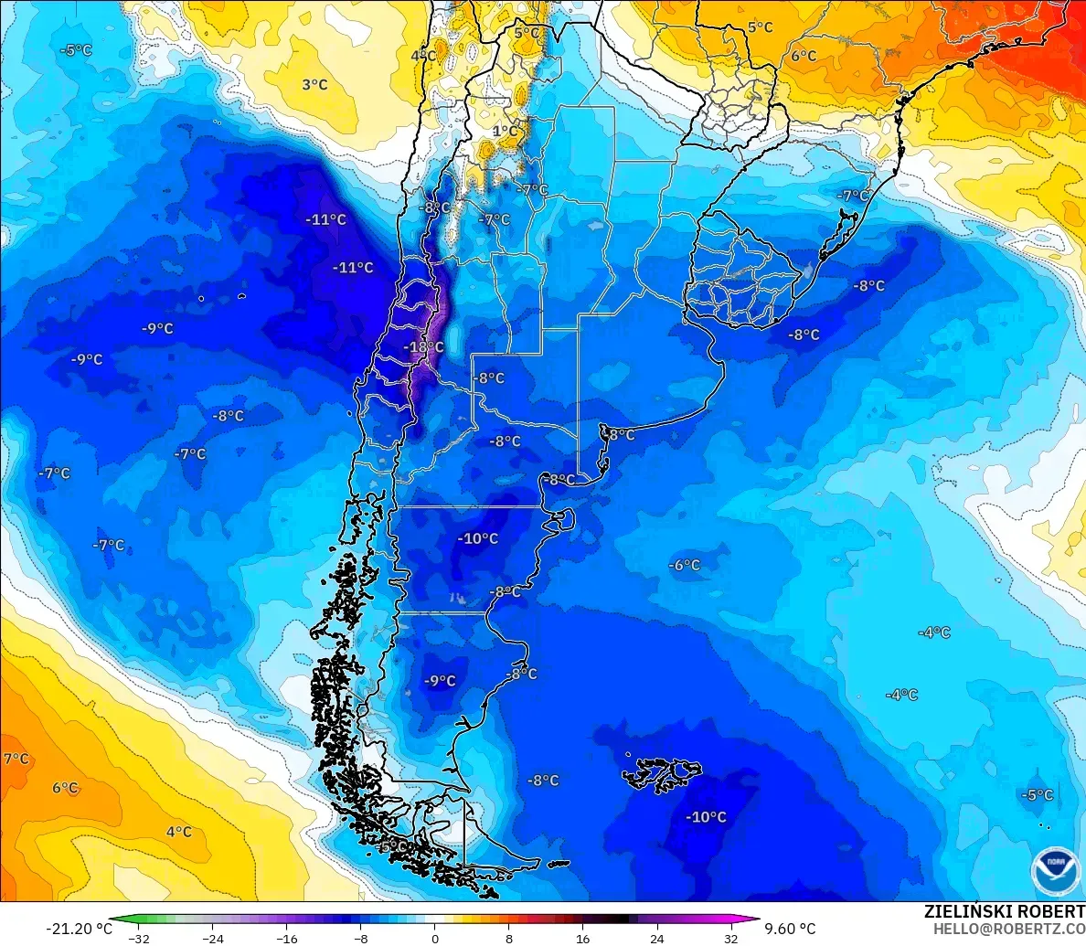 GFS загвар - Аргентин, 850 hPa Температурын Хазайлт