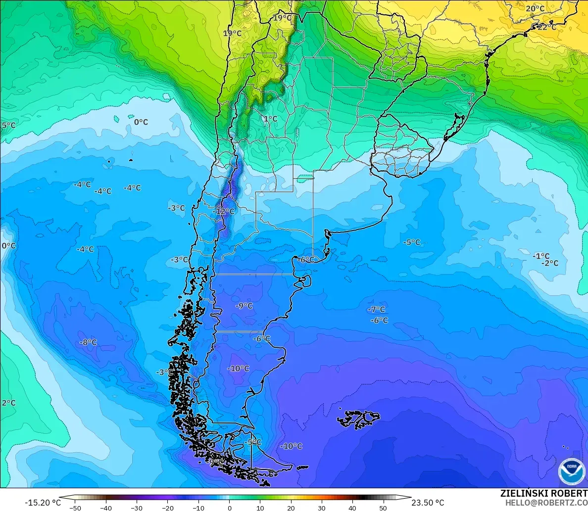 GFS загвар - Аргентин, Температур 850 hPa