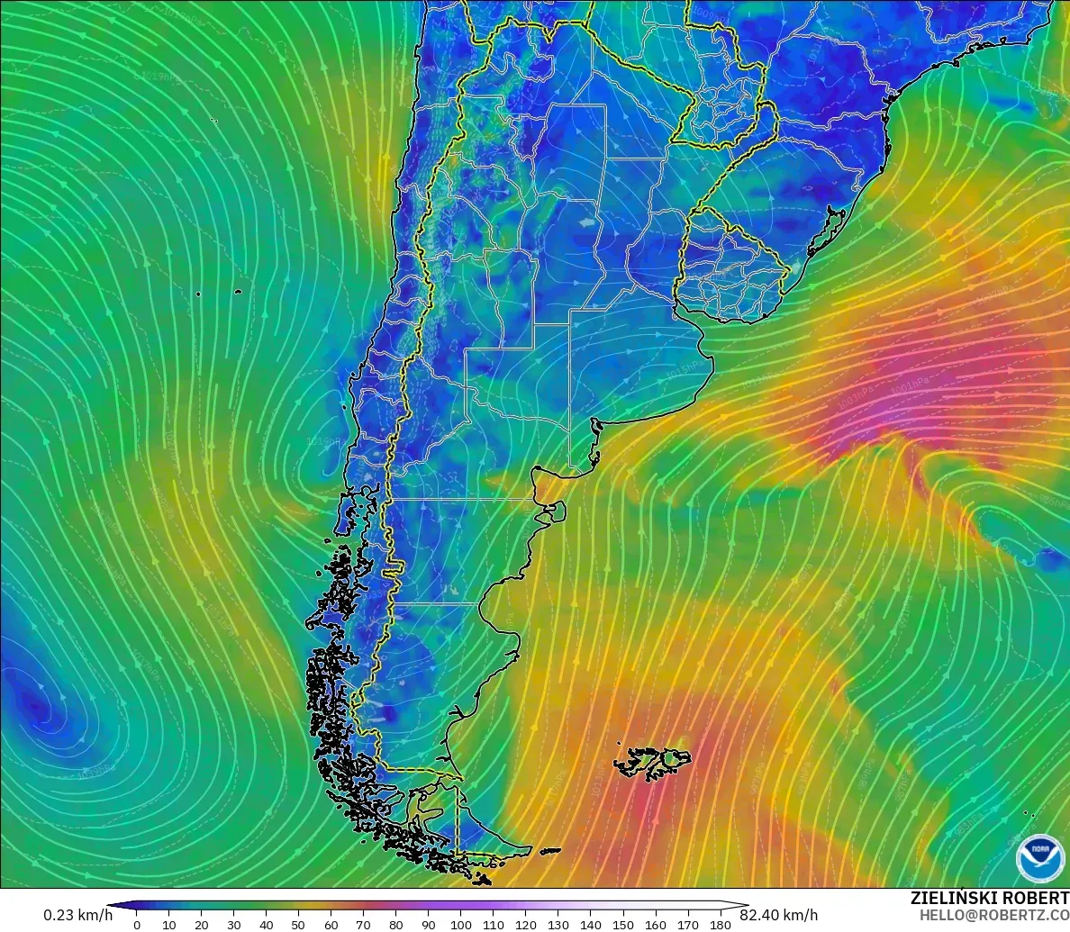 GFS загвар - Аргентин, Салхи 10 м