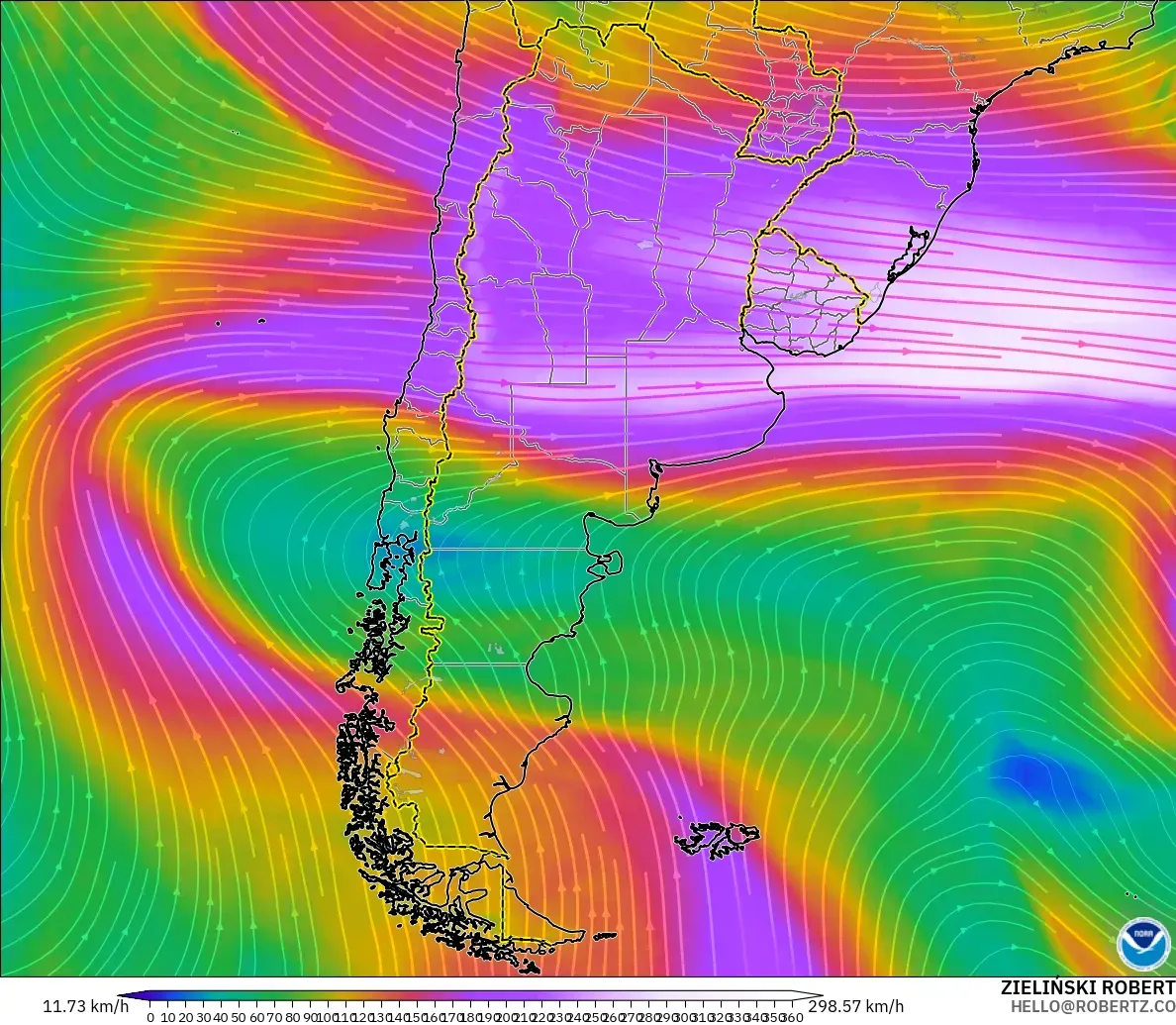 GFS загвар - Аргентин, Салхи 300 hPa (түншил)