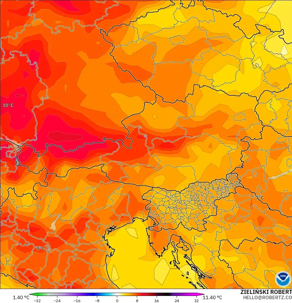 GFS загвар - Австри, 2 м Температурын Хазайлт