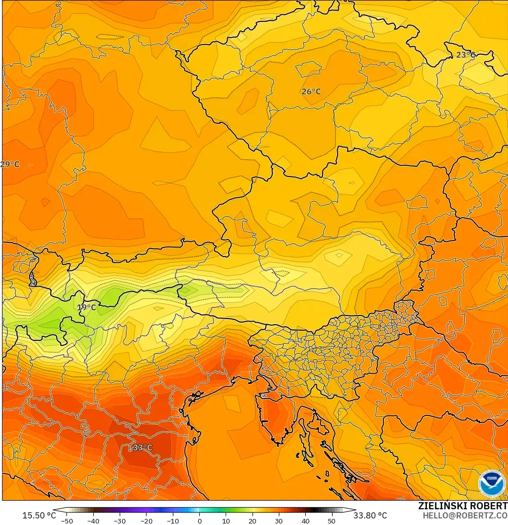 GFS загвар - Австри, Температур 2 м