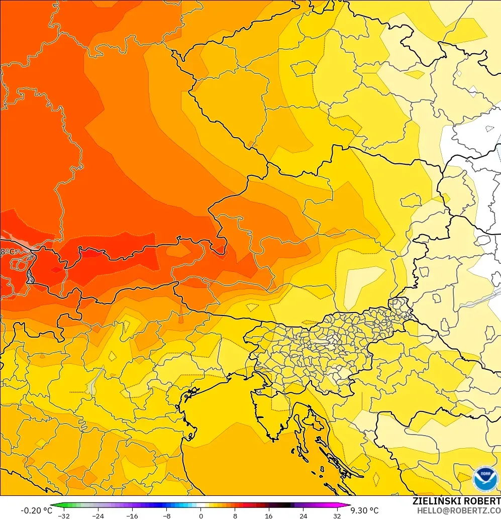 GFS загвар - Австри, 850 hPa Температурын Хазайлт