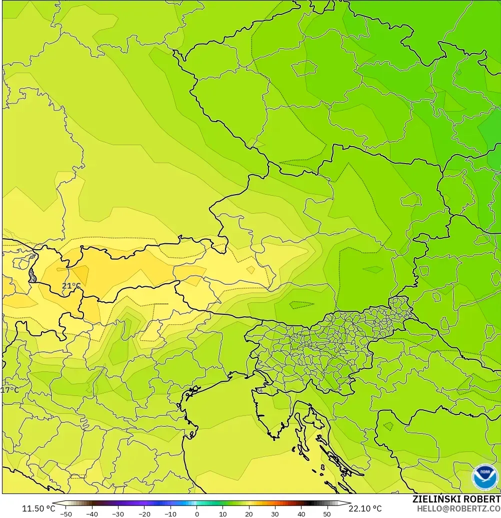 GFS загвар - Австри, Температур 850 hPa