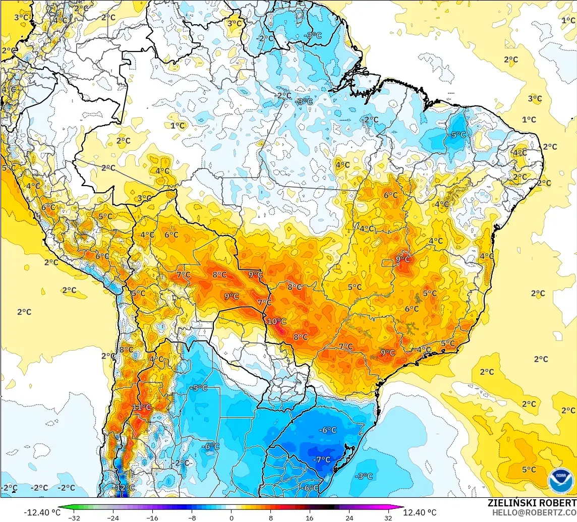 GFS загвар - Бразил, 2 м Температурын Хазайлт
