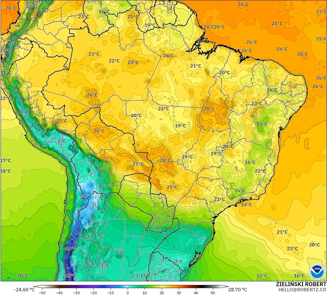 GFS загвар - Бразил, Температур 2 м