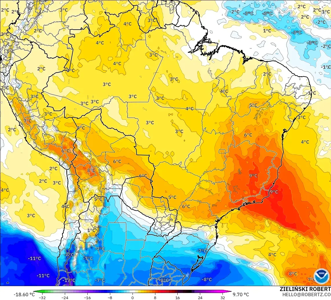 GFS загвар - Бразил, 850 hPa Температурын Хазайлт