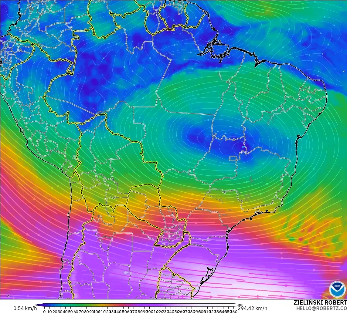 GFS загвар - Бразил, Салхи 300 hPa (түншил)