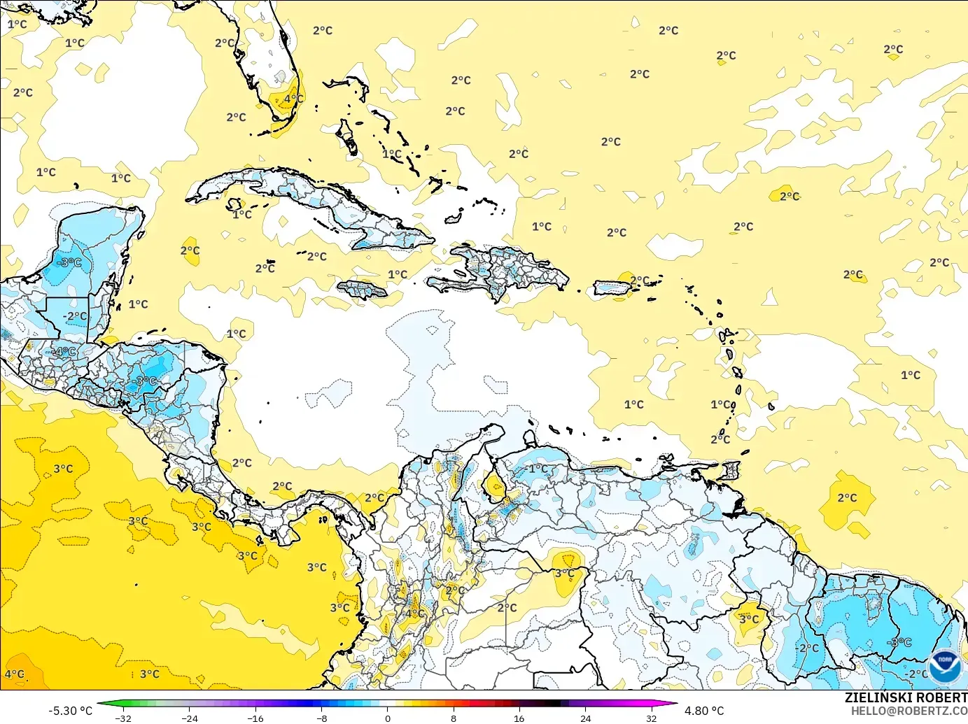 GFS загвар - Карибын тэнгис, 2 м Температурын Хазайлт