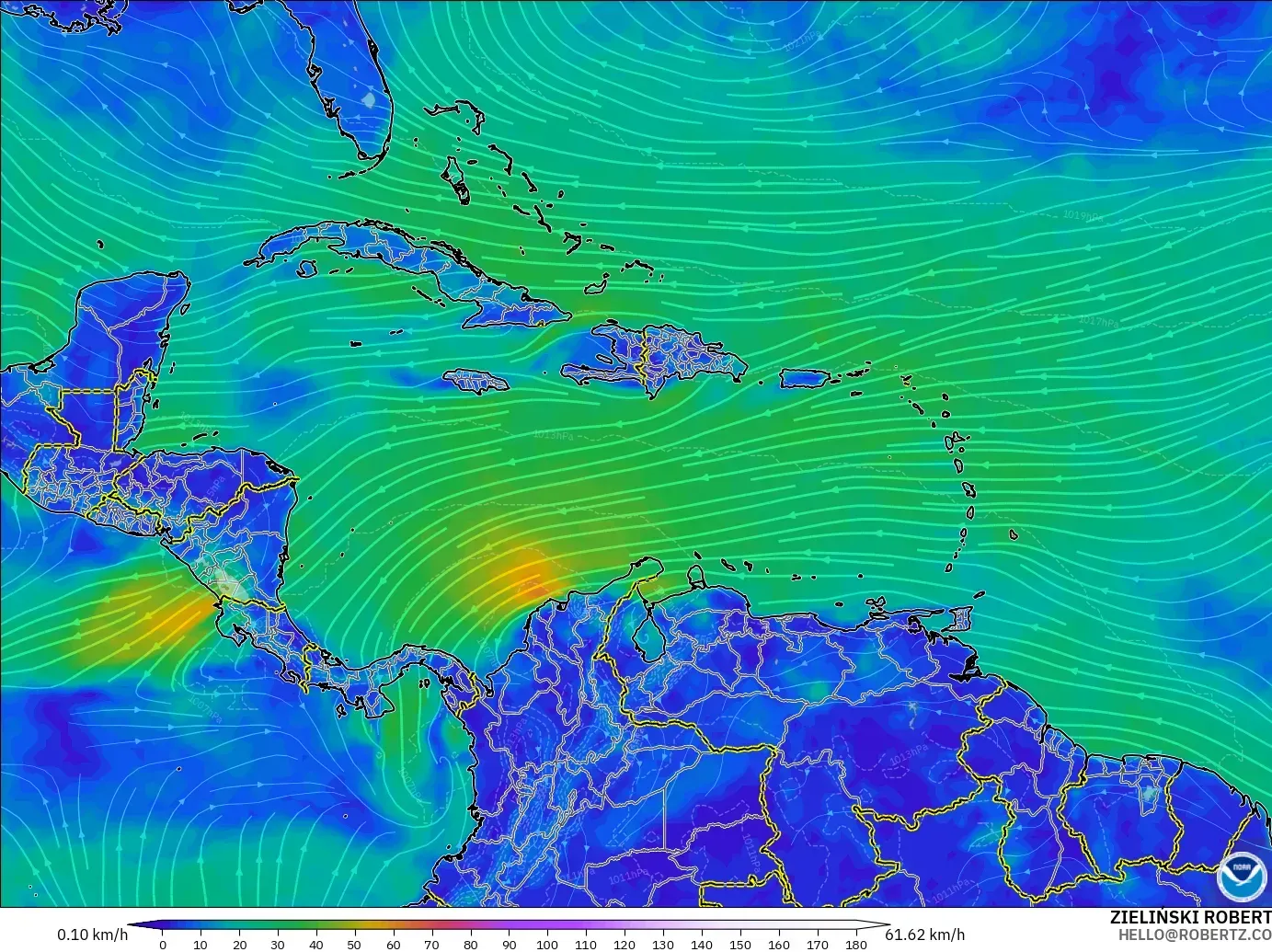 GFS загвар - Карибын тэнгис, Салхи 10 м