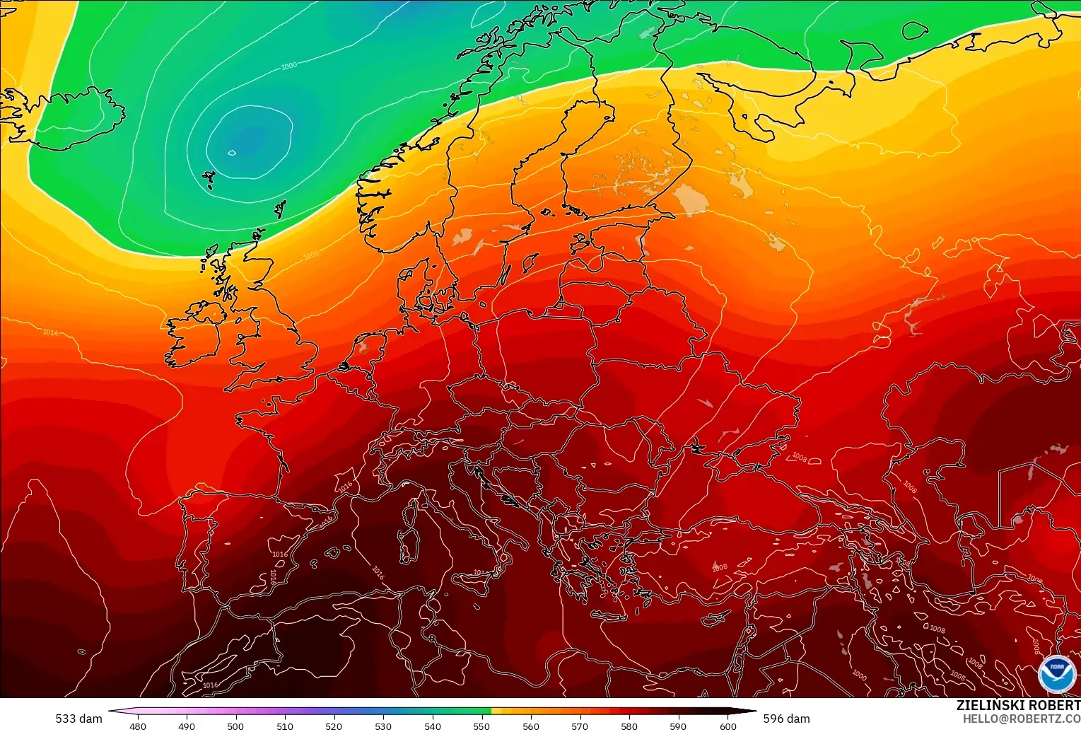 GFS загвар - Европ, 500 гПа дахь геопотенциал өндөр