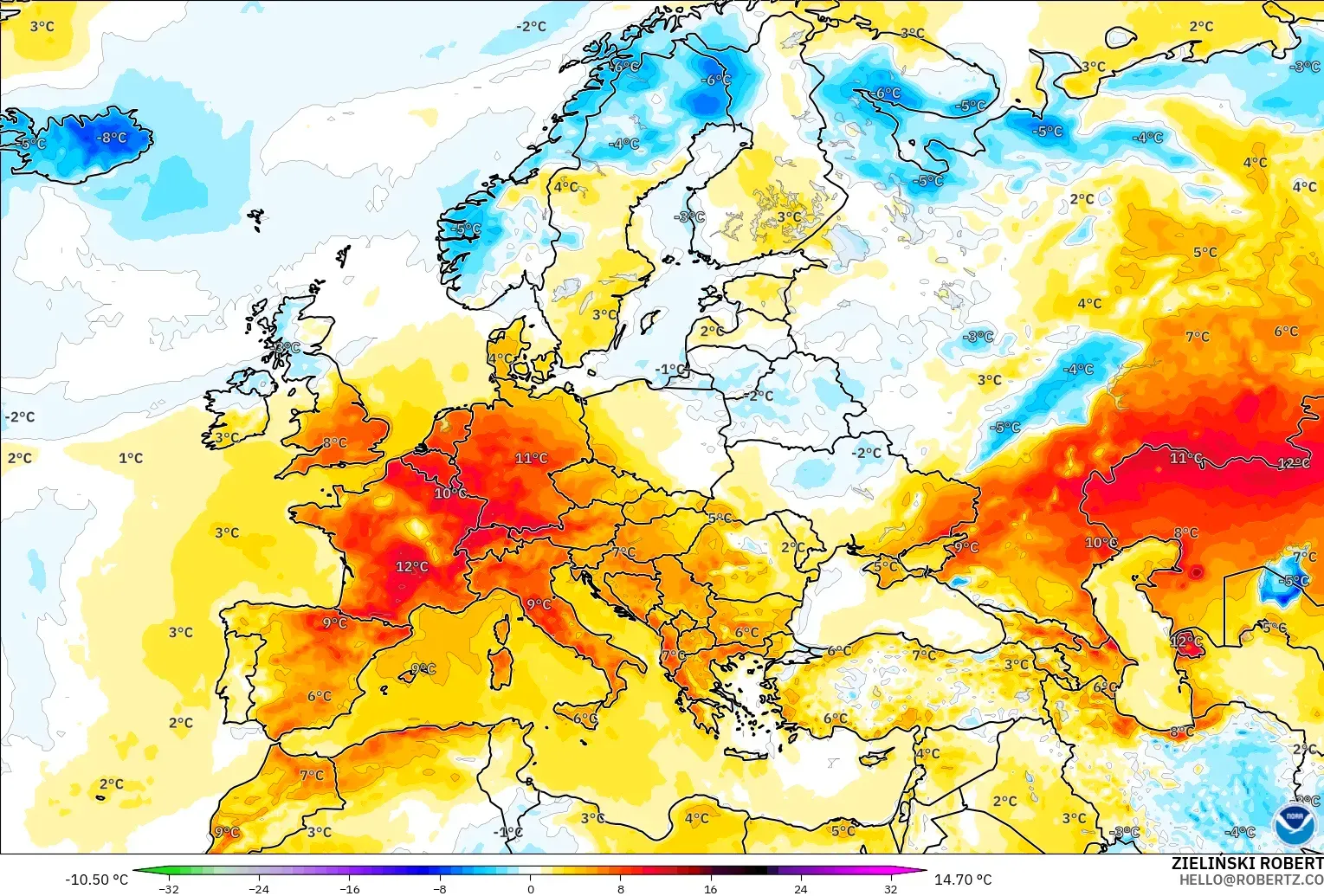 GFS загвар - Европ, 2 м Температурын Хазайлт