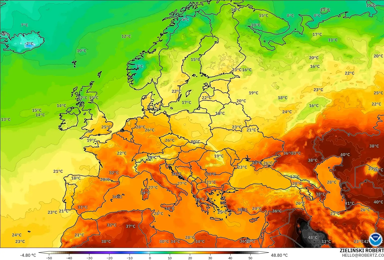 GFS загвар - Европ, Температур 2 м
