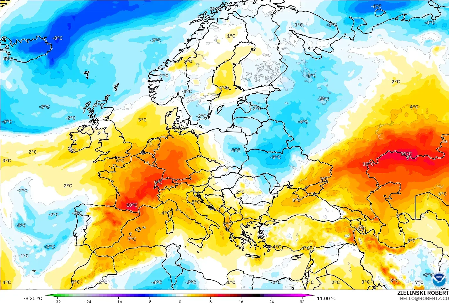 GFS загвар - Европ, 850 hPa Температурын Хазайлт