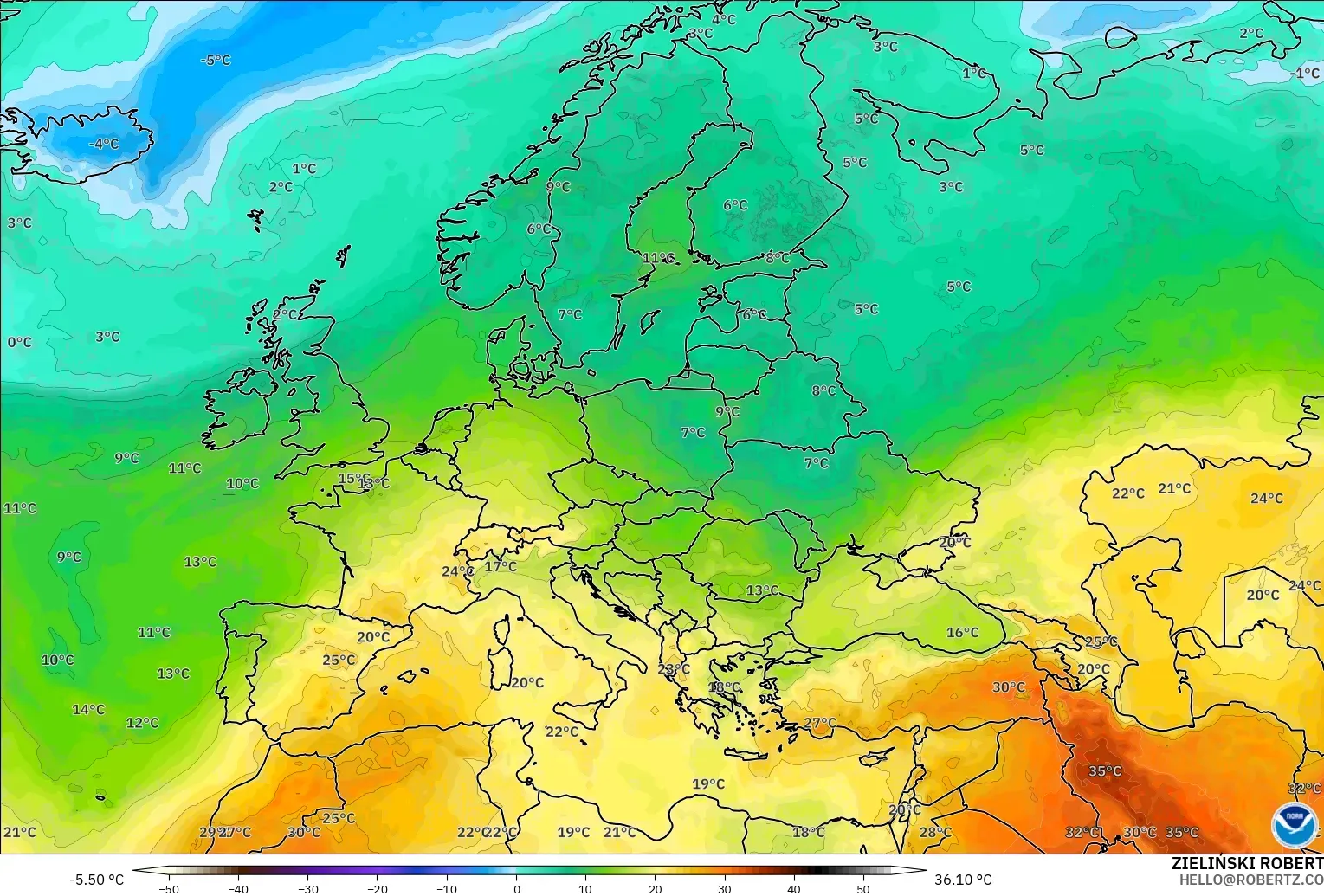 GFS загвар - Европ, Температур 850 hPa