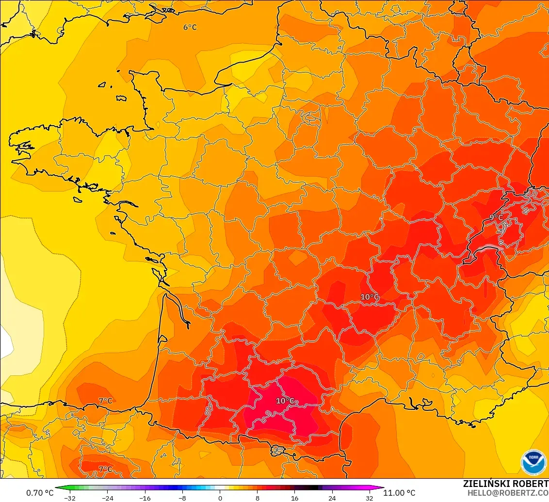 GFS загвар - Франц, 850 hPa Температурын Хазайлт