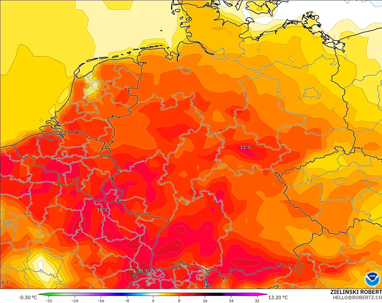 GFS загвар - Герман, 2 м Температурын Хазайлт