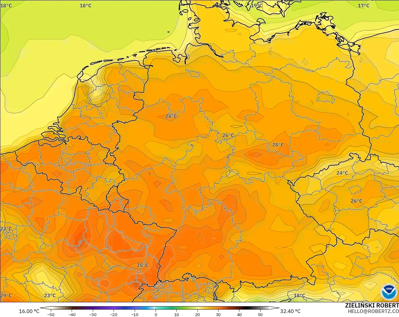 GFS загвар - Герман, Температур 2 м