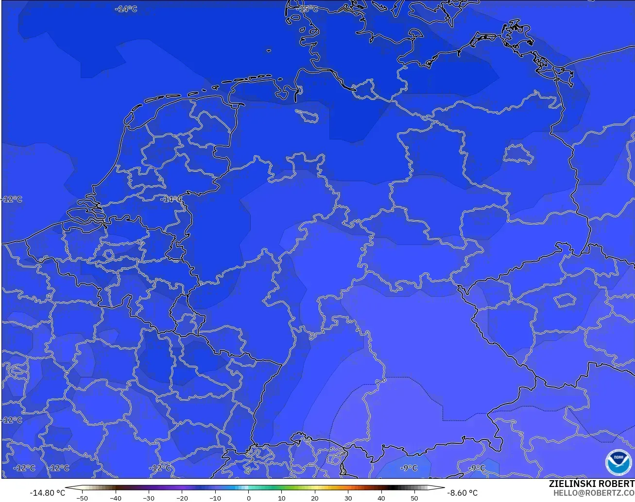 GFS загвар - Герман, Температур 500 hPa