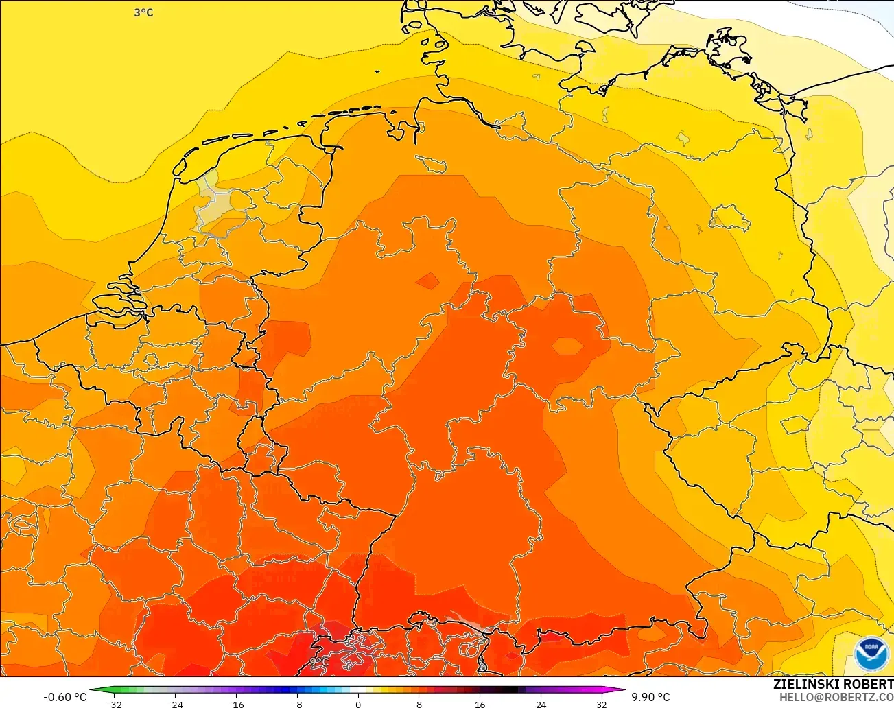 GFS загвар - Герман, 850 hPa Температурын Хазайлт