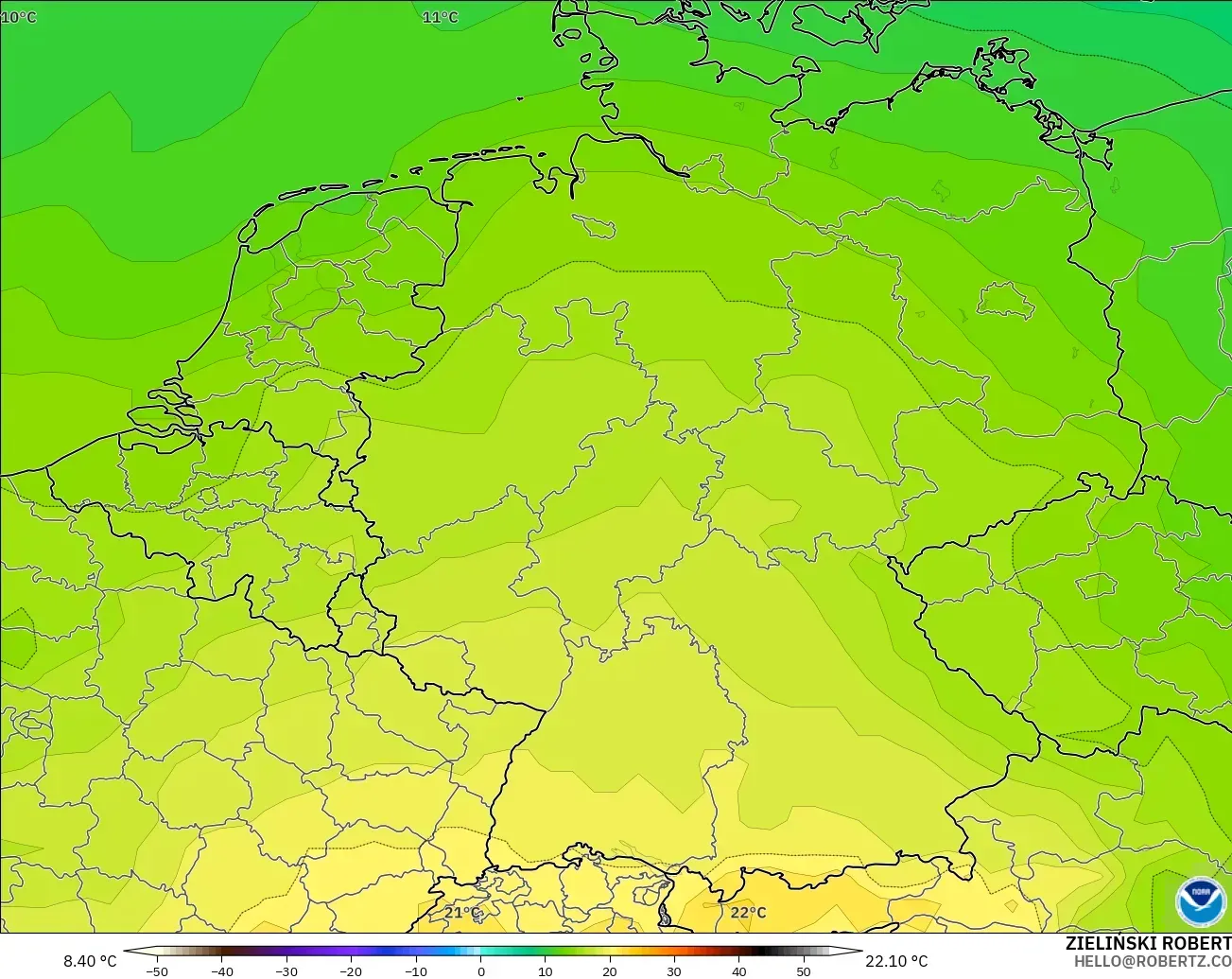 GFS загвар - Герман, Температур 850 hPa