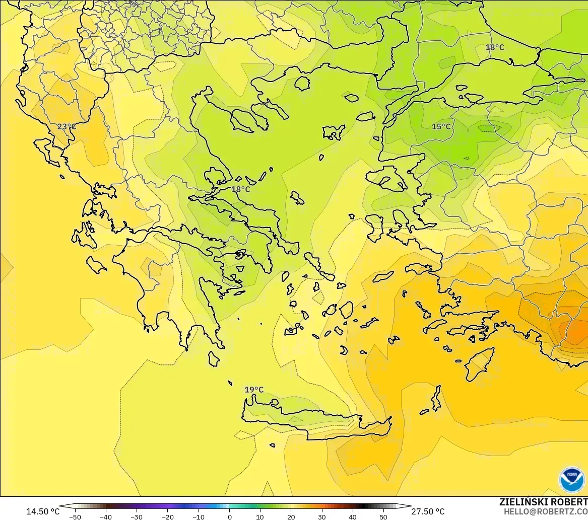 GFS загвар - Грек, Температур 850 hPa