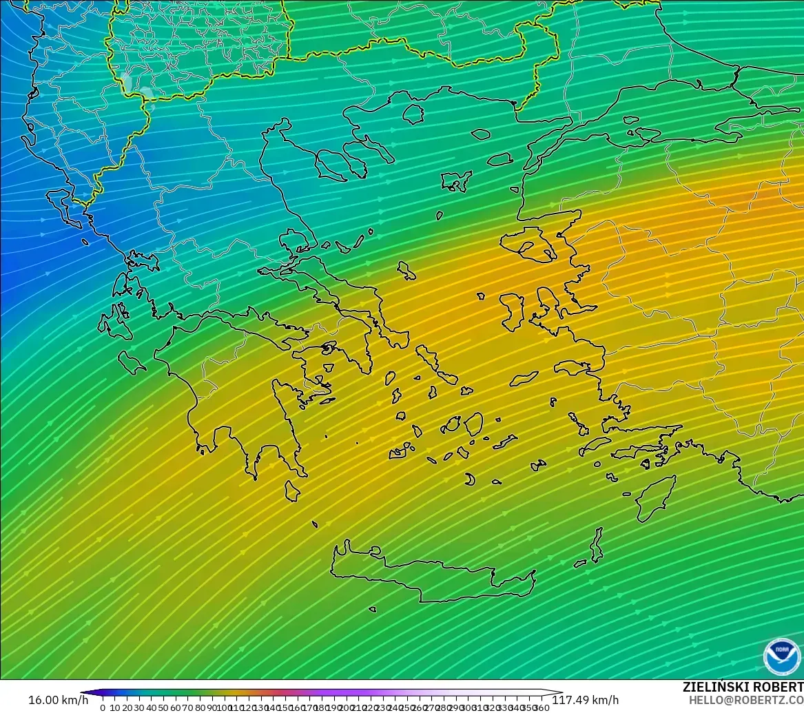 GFS загвар - Грек, Салхи 300 hPa (түншил)