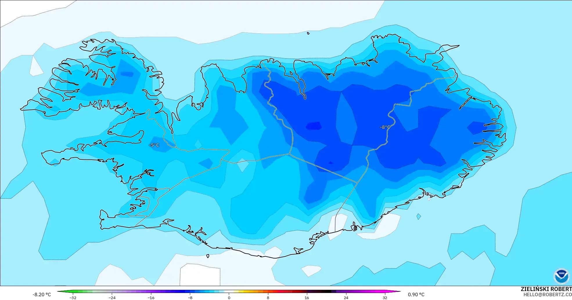 GFS загвар - Исланд, 2 м Температурын Хазайлт