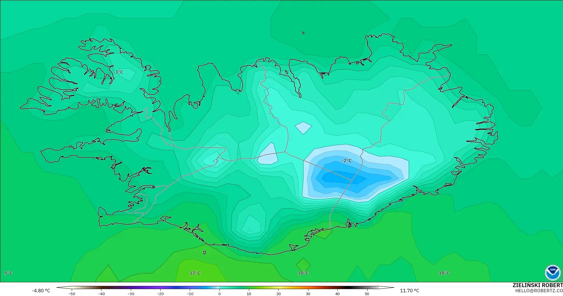 GFS загвар - Исланд, Температур 2 м