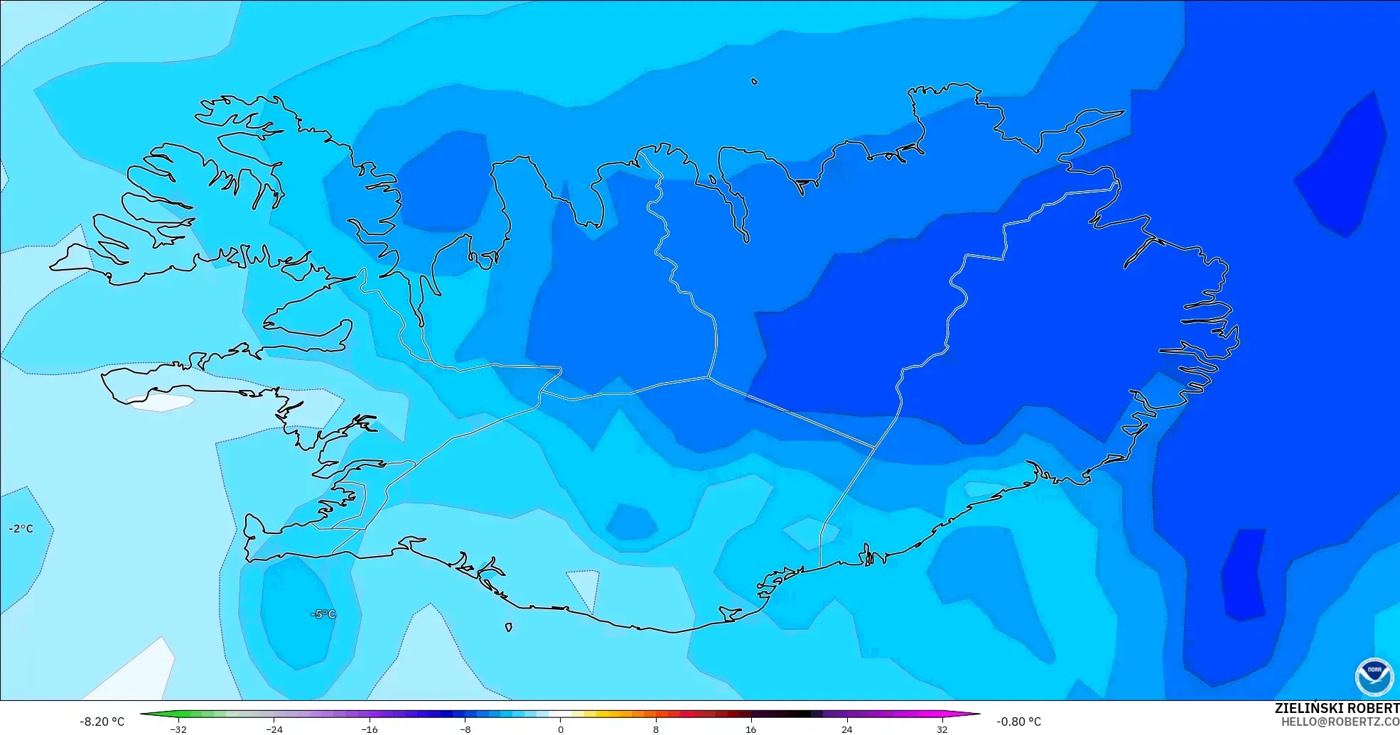 GFS загвар - Исланд, 850 hPa Температурын Хазайлт