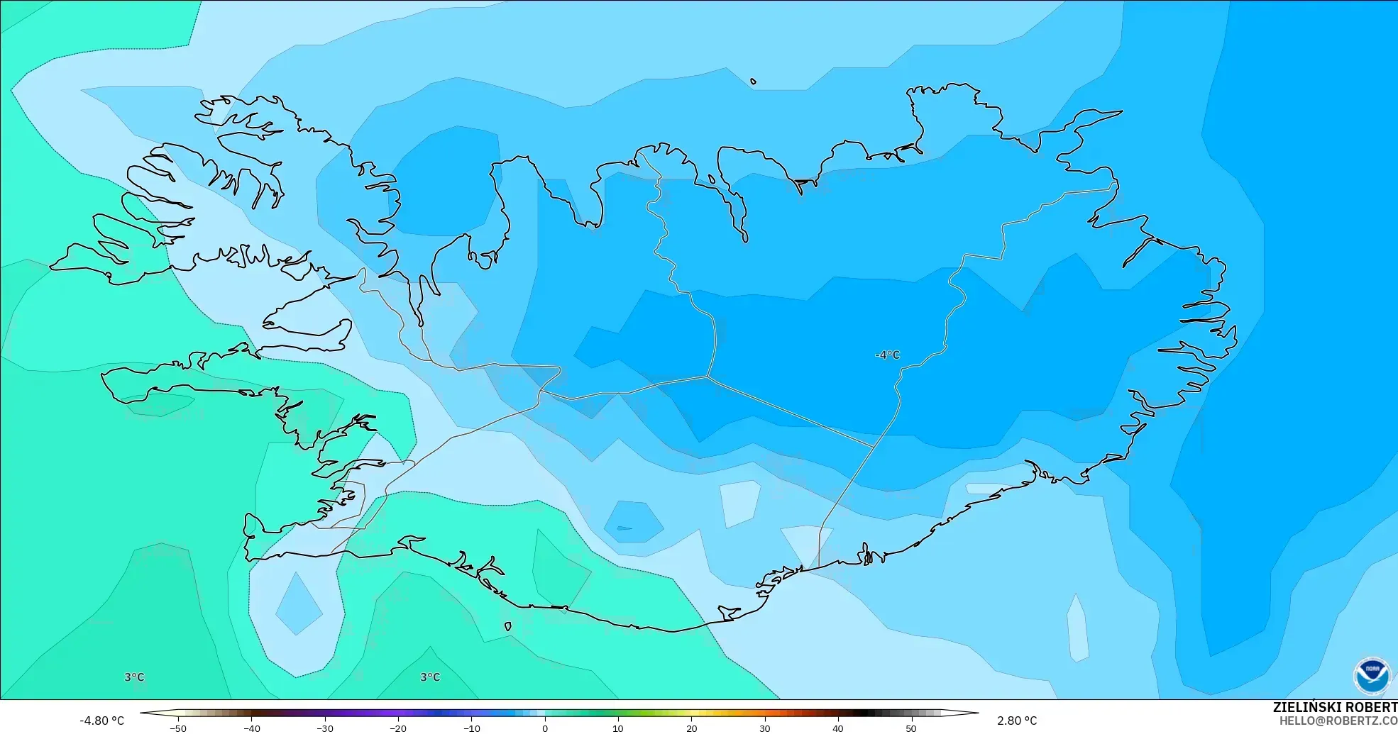 GFS загвар - Исланд, Температур 850 hPa