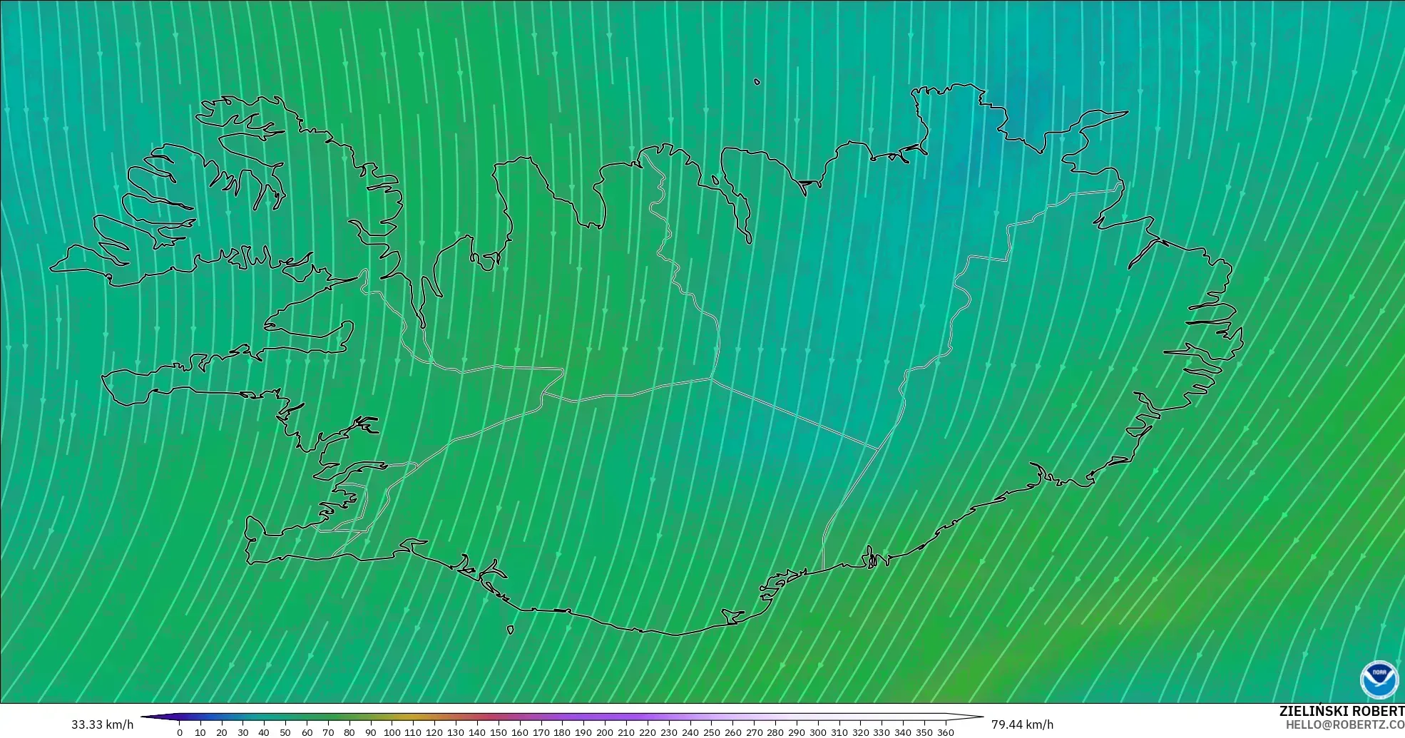 GFS загвар - Исланд, Салхи 300 hPa (түншил)