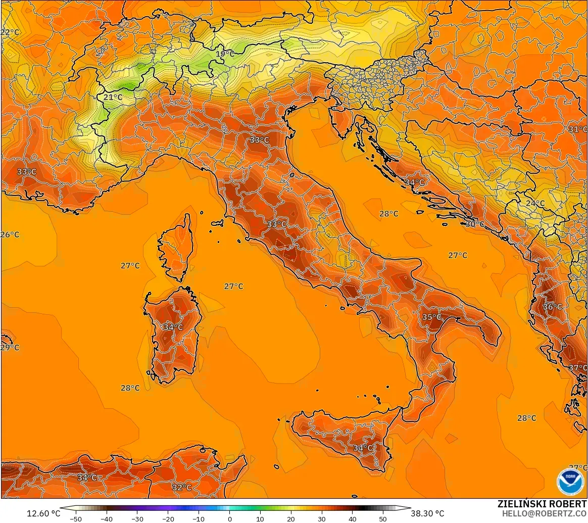 GFS загвар - Итали, Температур 2 м