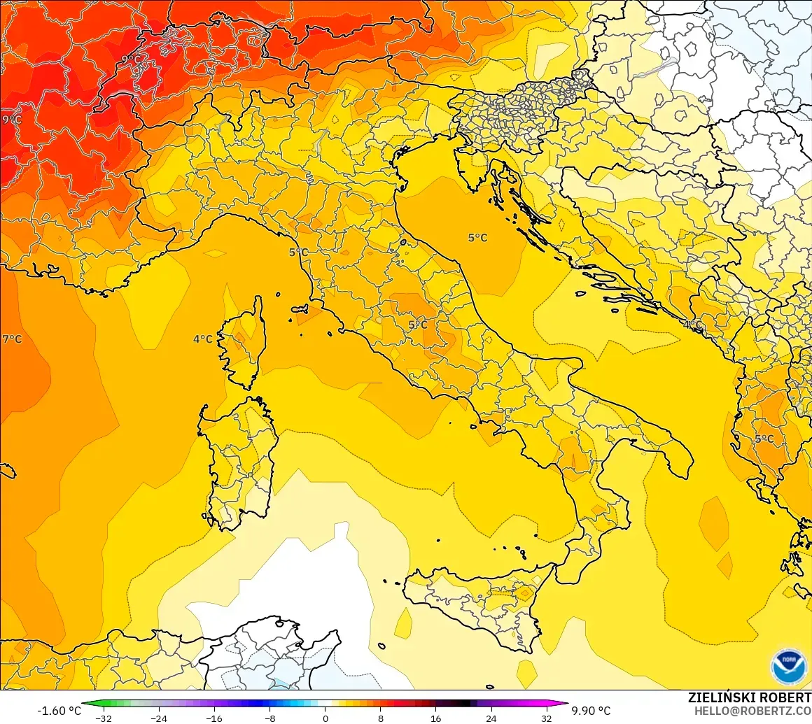 GFS загвар - Итали, 850 hPa Температурын Хазайлт