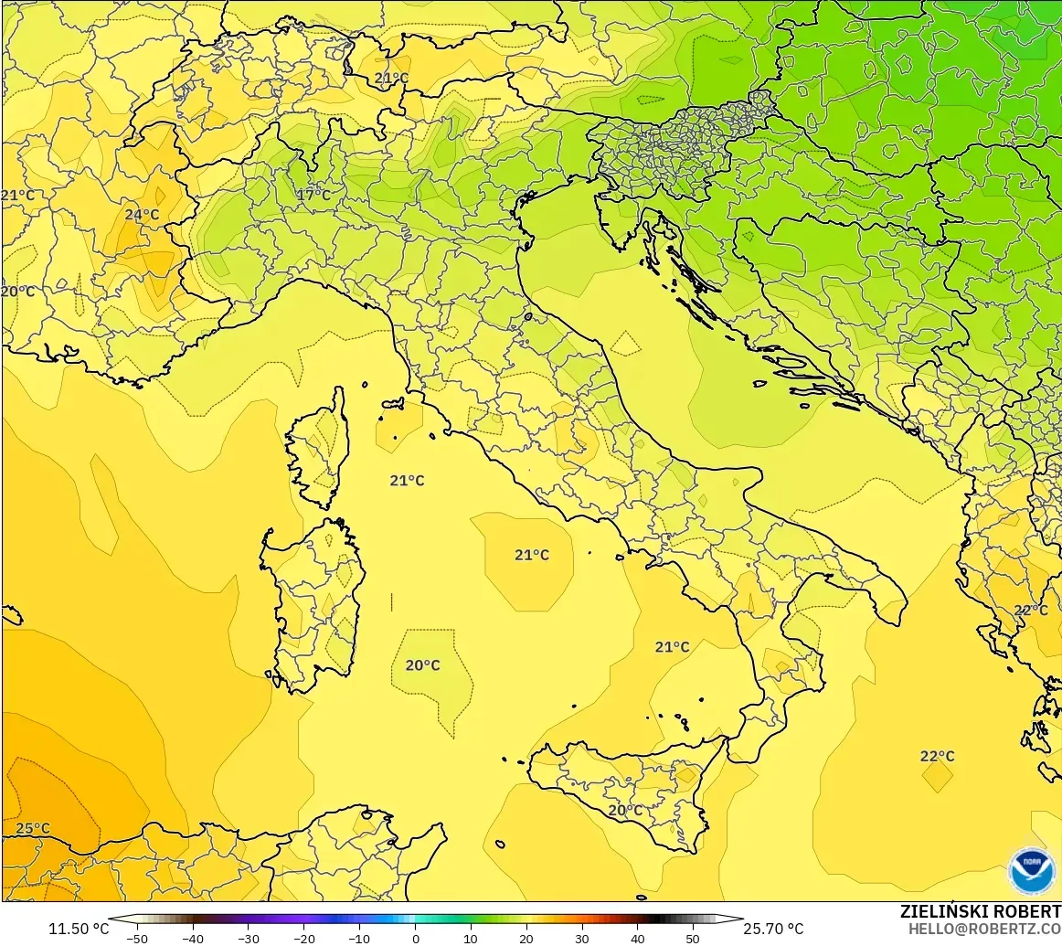 GFS загвар - Итали, Температур 850 hPa