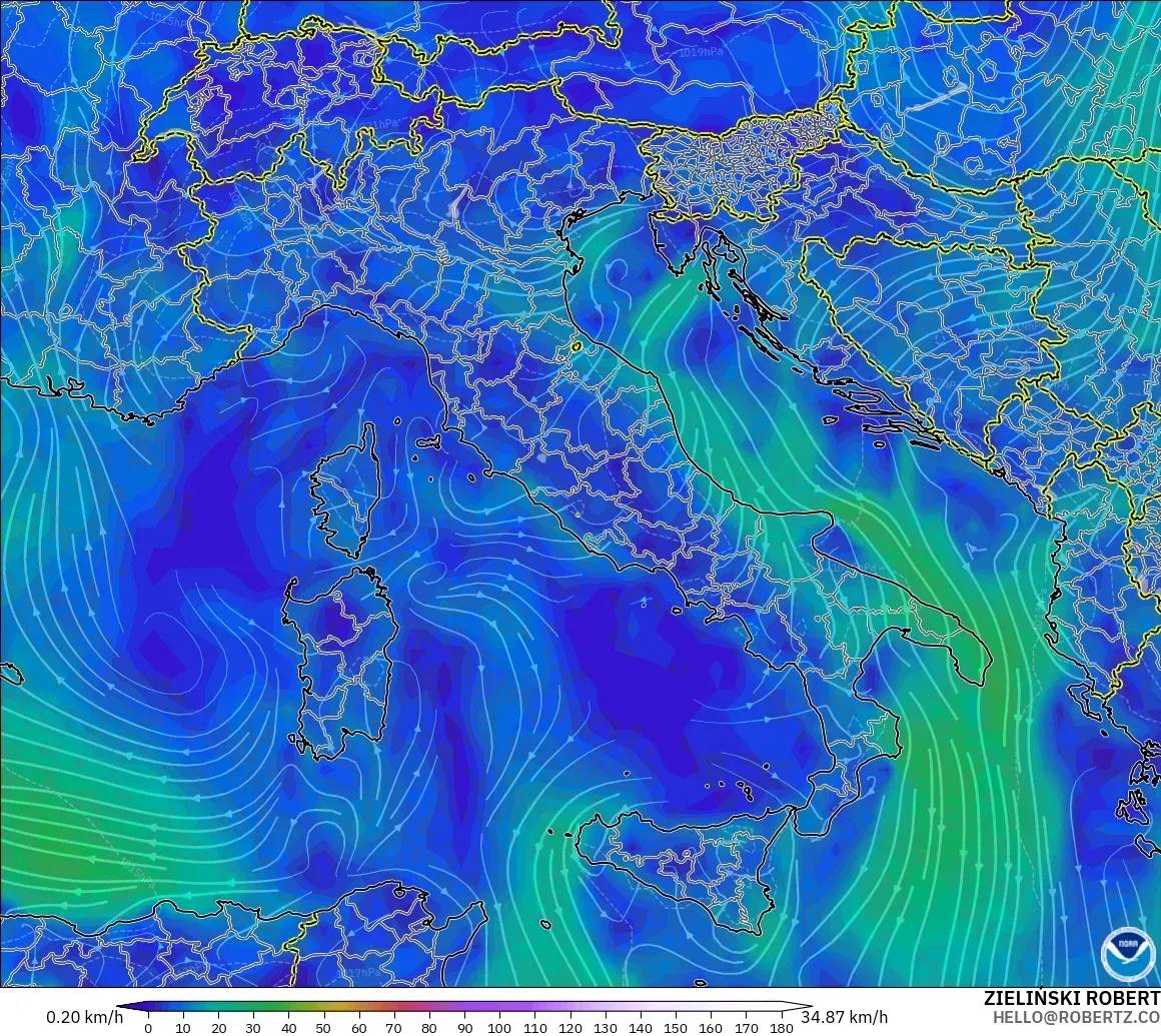 GFS загвар - Итали, Салхи 10 м