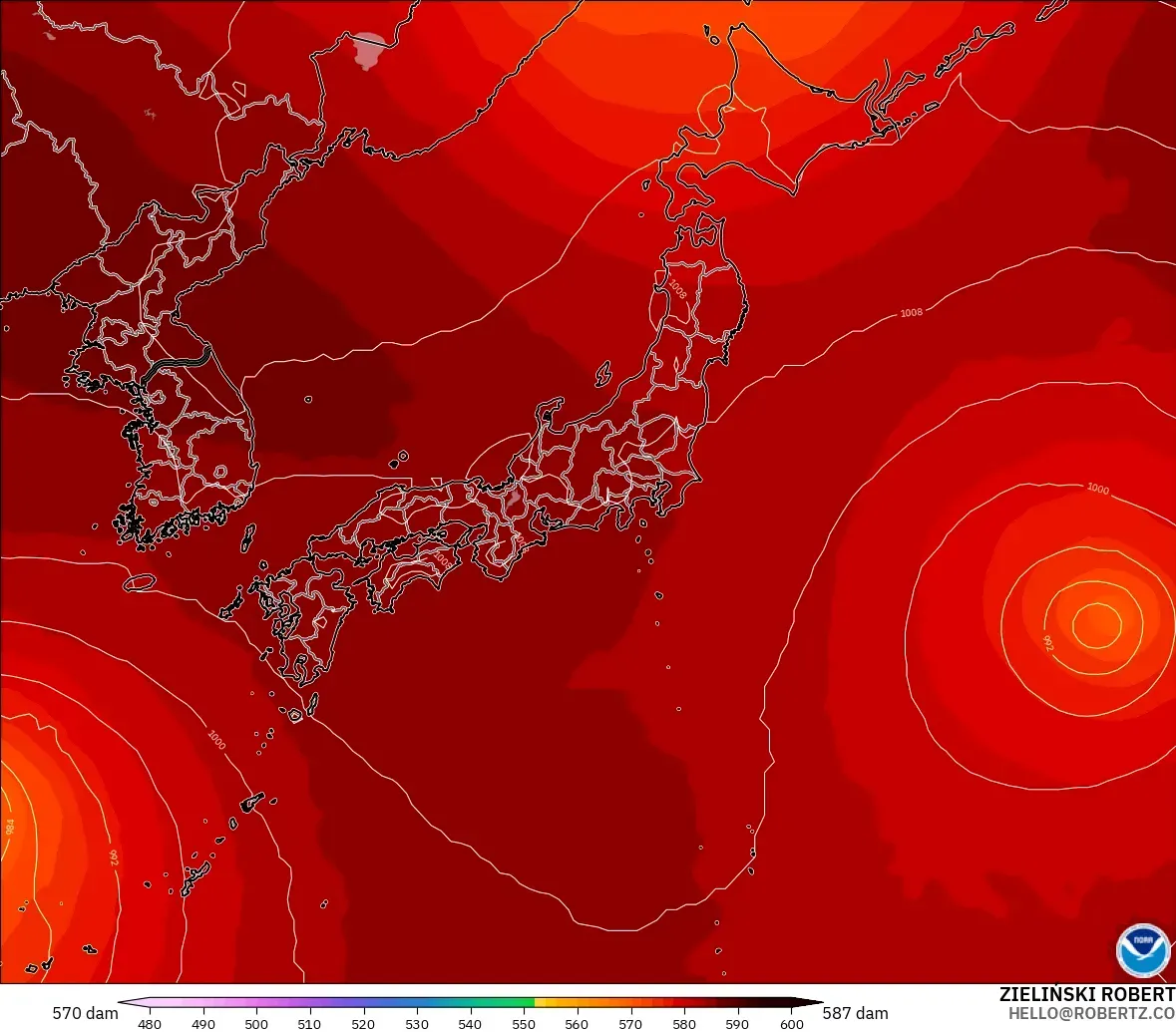 GFS загвар - Япон, 500 гПа дахь геопотенциал өндөр