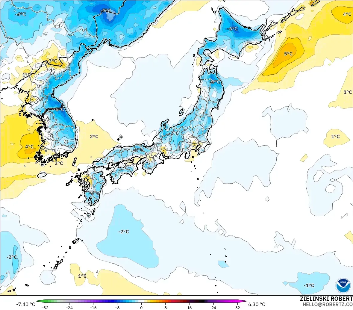 GFS загвар - Япон, 2 м Температурын Хазайлт