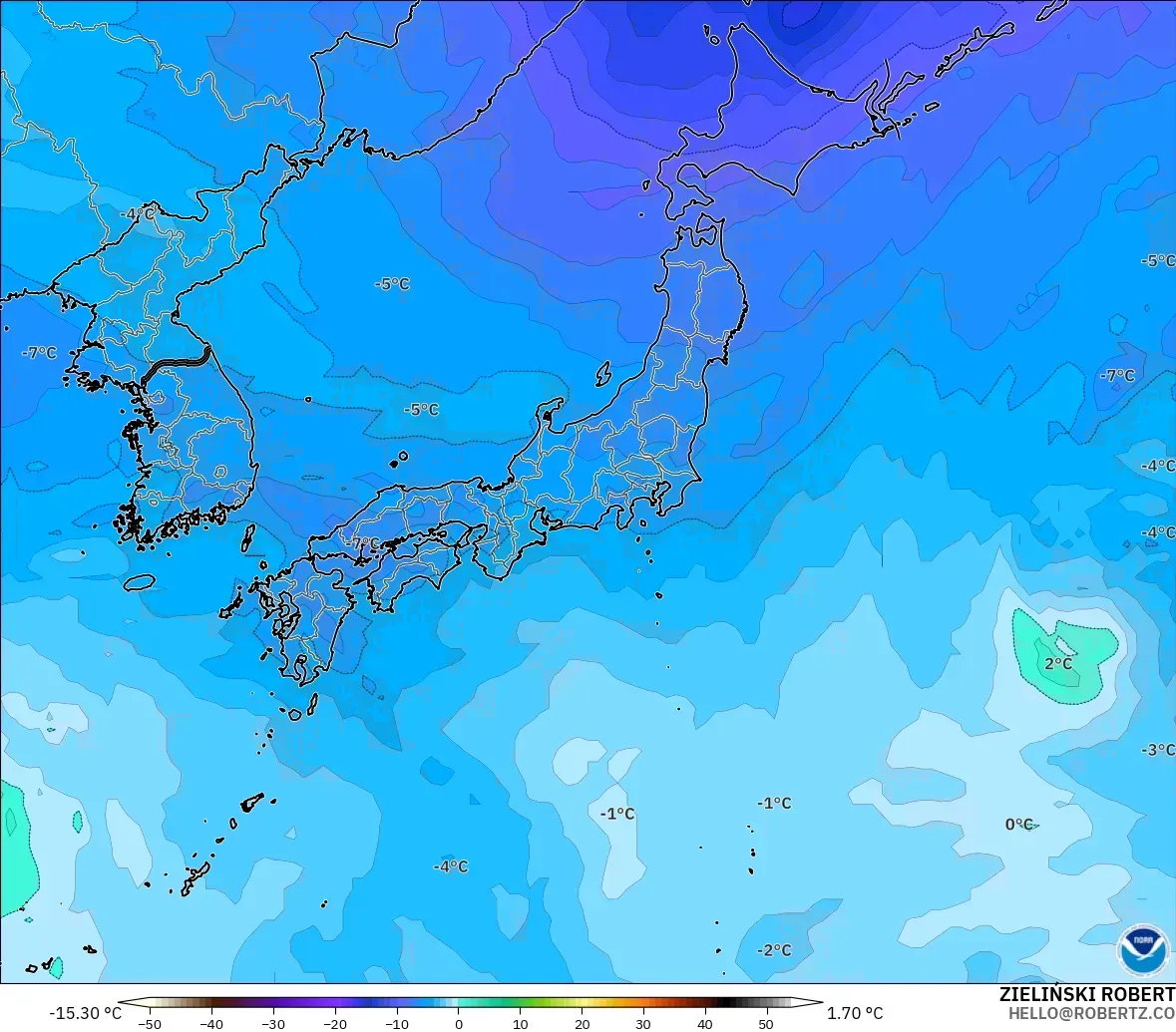 GFS загвар - Япон, Температур 500 hPa