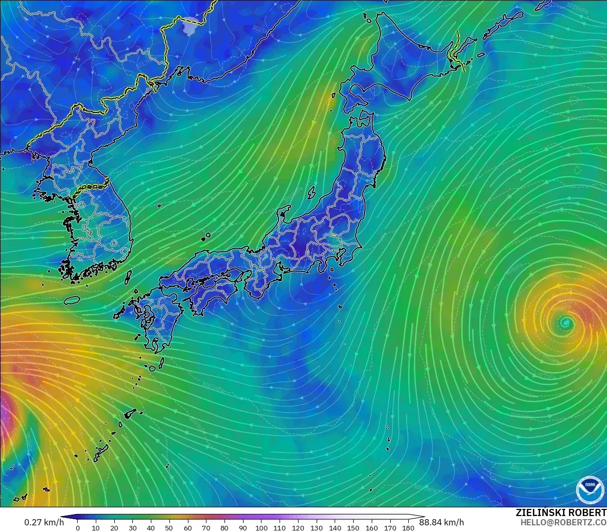 GFS загвар - Япон, Салхи 10 м