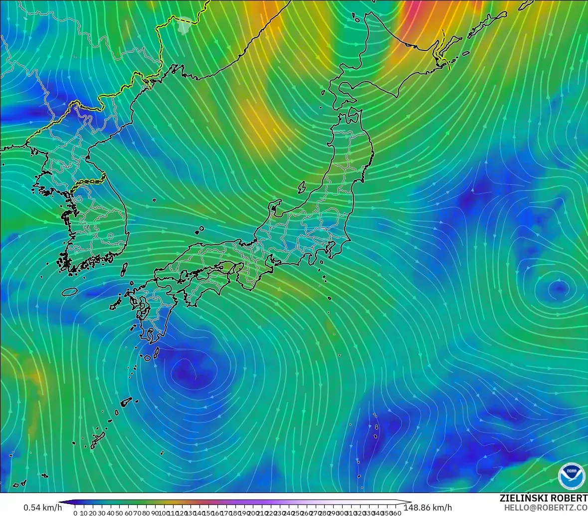 GFS загвар - Япон, Салхи 300 hPa (түншил)