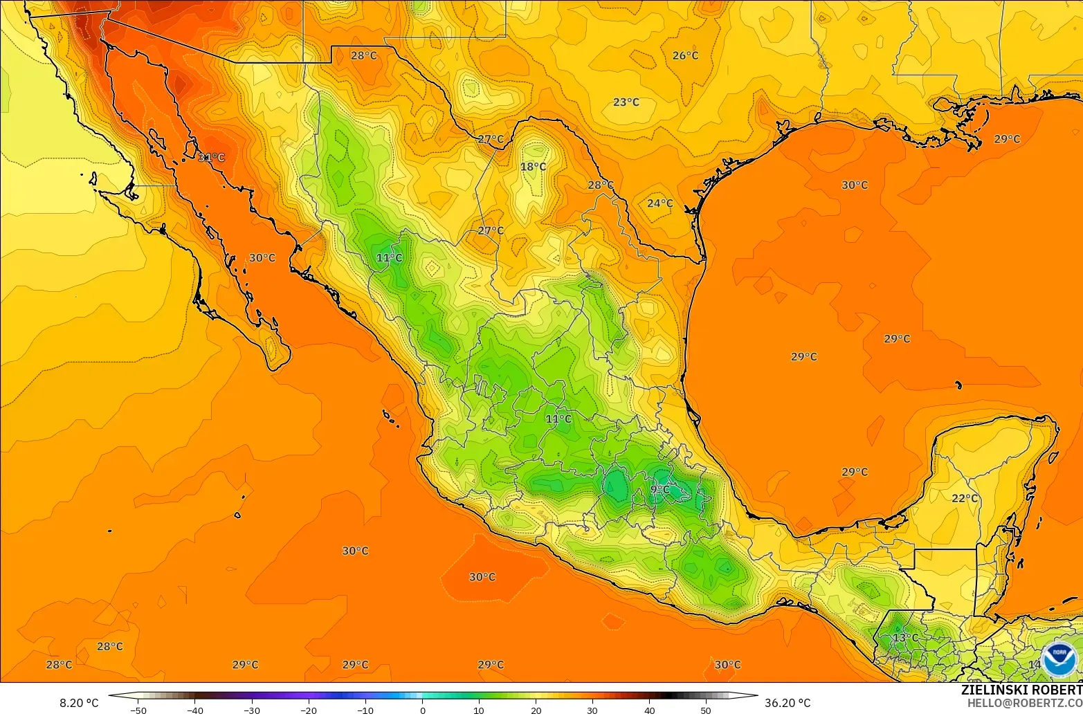 GFS загвар - Мексик, Температур 2 м