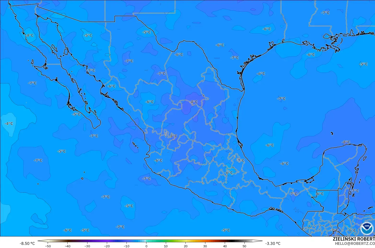 GFS загвар - Мексик, Температур 500 hPa