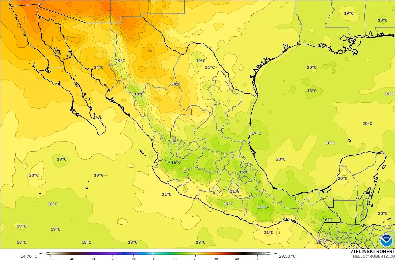 GFS загвар - Мексик, Температур 850 hPa